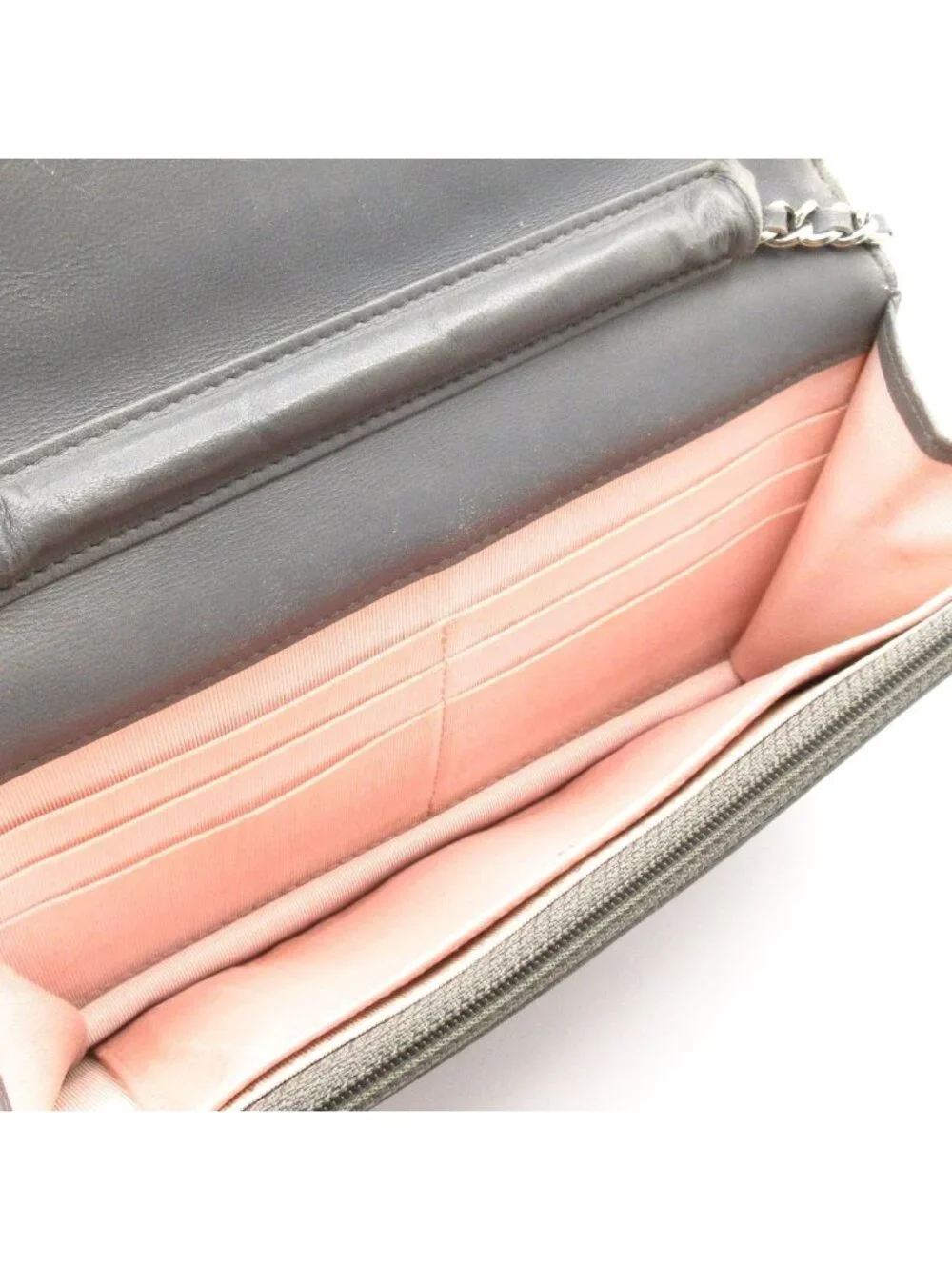 Chanel Wallet Quilted Gray Chain Leather Shoulder